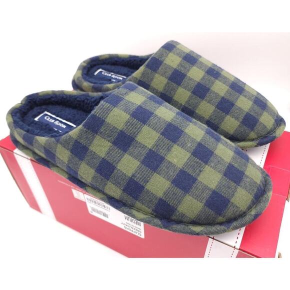 Club Room Men's Fleece-Lined Flannel Slippers Green/Navy Plaid 6-7 Small NEW - Picture 1 of 9
